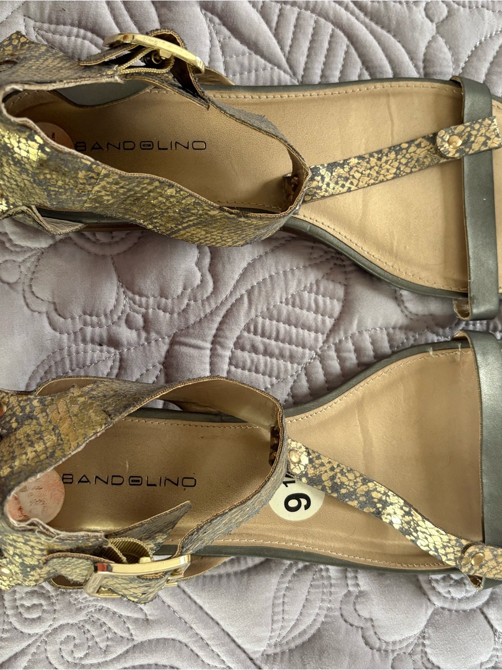 Bandolino Metallic Gold Snake-Print T-Strap Sandals